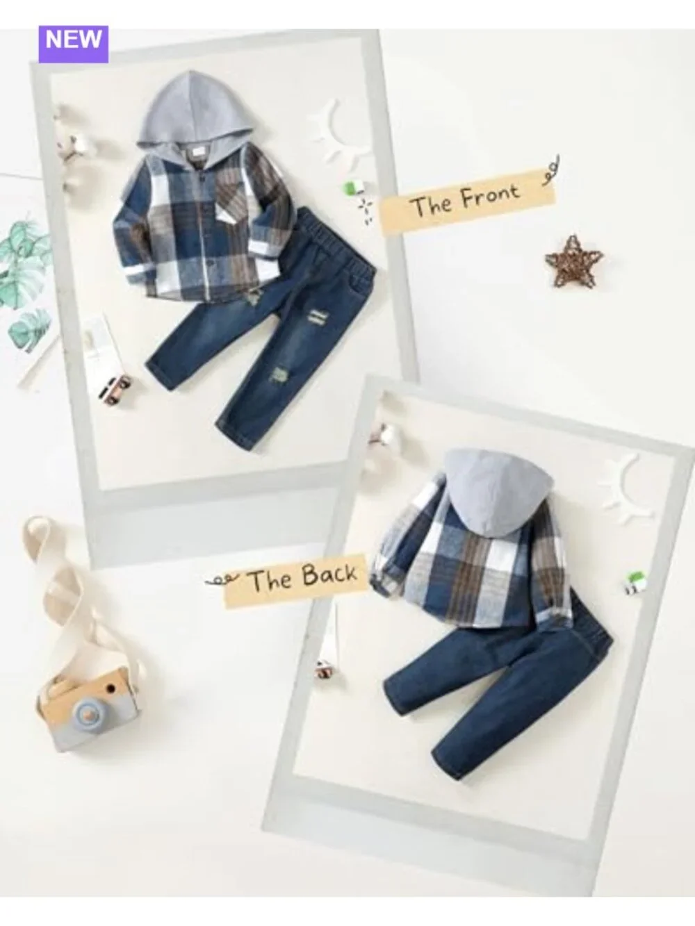 Baby Boy Plaid Hoodie & Denim Jeans Outfit Set